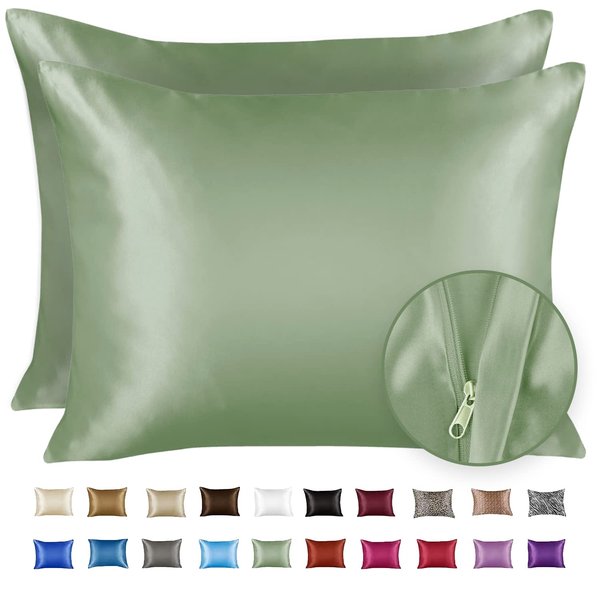 ShopBedding Luxury Satin Pillowcase for Hair – Queen Satin Pillowcase with Zipper, Sage (Pillowcase Set of 2) – Blissford