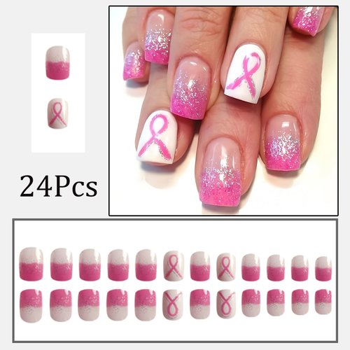24Pcs Sparkly Breast Cancer Square Press on Nails Short Square Fake Nails Pink Ribbon False Nails with Pink Glitter French Tips Design Breast Cancer Awareness Artificial Nails for Women and Girls