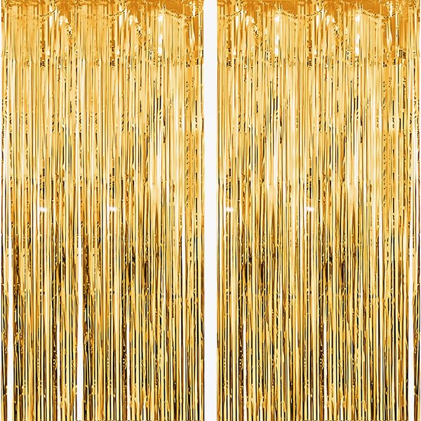 Homily Gold Backdrop Curtain Gold Party Decor with Foil Tassel Curtain Backdrop 2-Pack