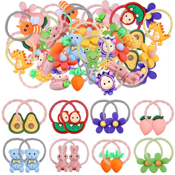 40 Pieces Cute Girls Hair Tie Colorful Elastic Kids Hair Band Ropes Cartoon Small Ponytail Holders Animal Flower Fruit Kawaii Hair Accessories for Toddler Girls Infants, 20 Styles