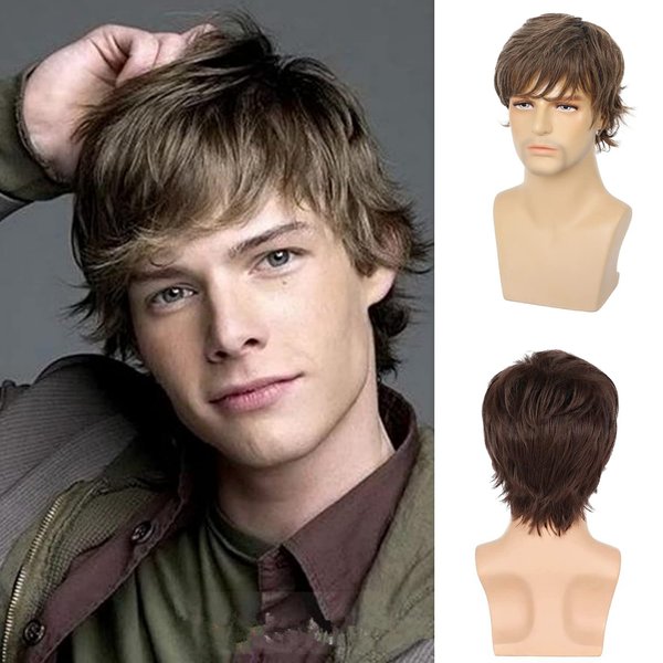 Beweig Mens Short Brown Wigs Natural Layered Fluffy Wigs Synthetic Hair Wig for Halloween Costume Cosplay with Wig Cap …