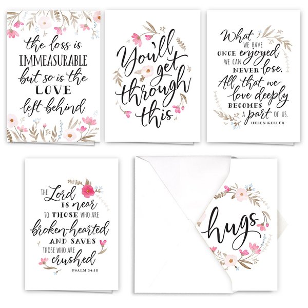 Floral Typography Sympathy Card Pack / 25 Condolences Card Set / 5 Script Designs / 5" x 7" Thinking Of You Greeting Cards/Made In The USA