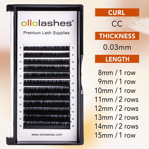 OLLOLASHES Lash Trays for Lash Extensions B/C/CC/D/J Curl Mix4-20mm 0.03-0.15 thickness Super Matte Eyelash Extensions, Professional Supplies for Lash Techs (CC-0.03, 8-15mm)