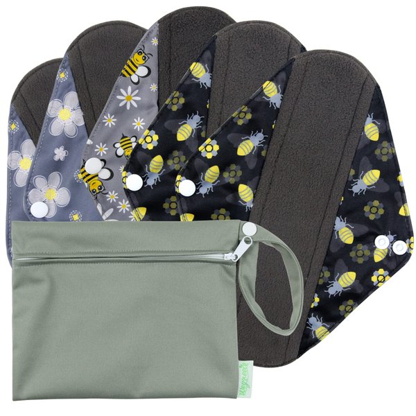 wegreeco Reusable Menstrual Pads for Women - Reusable Sanitary Pads | Reusable Panty Liners | Soft Cloth Menstrual Pads - 5 Pack, 1 Cloth Wet Bag (M, Bee & Bloom)
