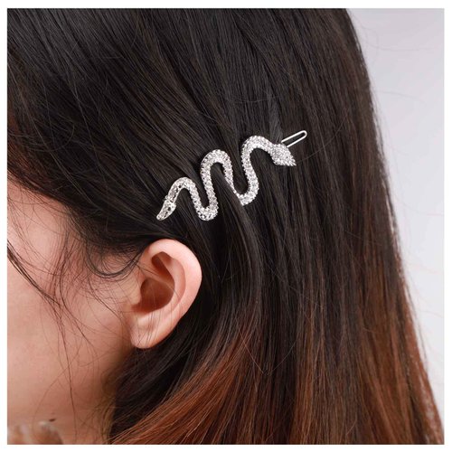 Yheakne Boho Crystal Snake Hair Clip Barrette Silver Rhinestone Pave Hair Barrette Pin Decorative Hair Pins Minimalist Hair Side Clips Hair Accessories for Women and Girls (Silver)