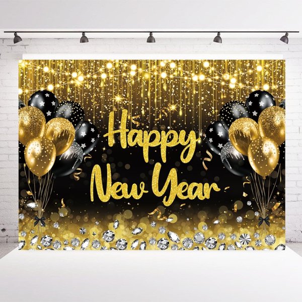INRUI 2025 Happy New Year Photography Background Black Golden Balloons Shiny for New Year Holiday Party Decoration (7x5FT)