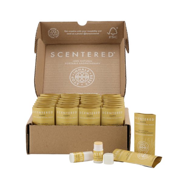 Scentered Party Favors for Wedding, Anniversary, Birthday - 30 x Mini Aromatherapy Balm Sticks - Happy: Uplifting Essential Oils Blend - Adult Party Favors for Women & Men