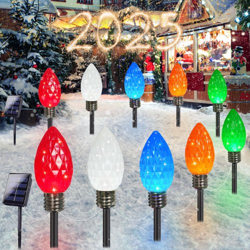 IDEAALS 10 Pack Jumbo Multicolor Solar C9 Christmas Lights Outdoor，LED Solar Pathway Lights Waterproof, Strawberry Lights Christmas Decorations Outdoor for Walkway Party Patio Garden Lawn Yard Decor