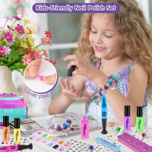 BATTOP Kids Nail Polish Kit for Girls Ages 7-12 Years Old - Nail Art Studio Set - Cool Girly Gifts with Nail Polish, Pen, Dryer, Sticker, Charm Bracelet Making Kit & Ring