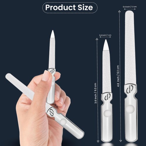 YASCOM Metal Nail Files for Natural Nails, 2 PCS Stainless Steel Nail Files with Gripy Handle & Leather Case, Fingernail Files for Women & Men Reusable Nail File Metal for Home & Salon, Lima para Uñas