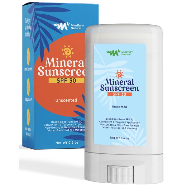 Natural Sunscreen Stick SPF 30 Broad Spectrum Mineral Sunblock for Face & Sensitive Skin - Zinc Oxide 18% Sun Screen Sticks, Travel Size