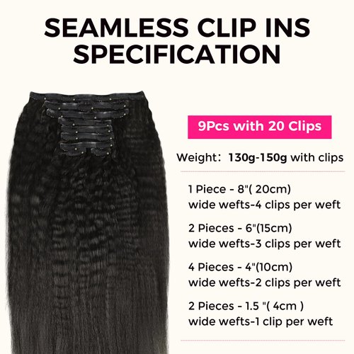 Lashey Seamless Clip in Hair Extensions Human Hair Kinky Straight 130g 9pcs Natural Black 18 Inch Human Hair Clip in Extensions PU Clip ins with Invise Edge for Women