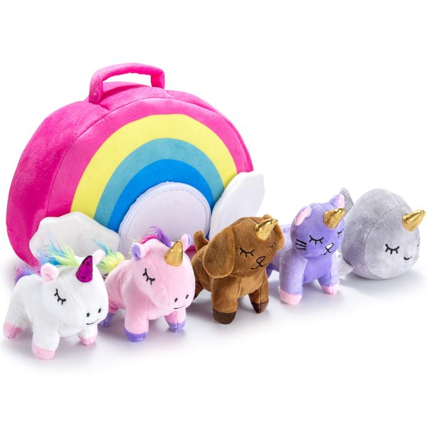 Stuffed Toy Unicorn Animal Set – Set of 5 Stuff Toys for Toddlers - with Rainbow Carry Bag - 2 Unicorns, Kitty, Puppy, and Narwhal – Toddler Birthday Gift for Girl Idea Age 3, 4, 5, 6, 7, 8 Year Old