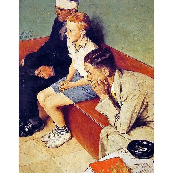 Olde Time Mercantile Waiting Room 1937 Norman Rockwell Print - 8 in x 10 in - Matted to 11 in x 14 in - Mat Colors Vary