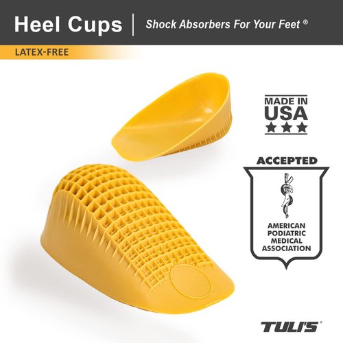 Tuli's Classic Heel Cups, Cushion Insert for Shock Absorption and Plantar Fasciitis and Heel Pain Relief, Made in The USA, Regular, 2 Pairs