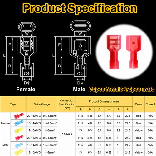 smseace 150Pcs Female/Male Spade connectors 22-16AWG Nylon Spade Quick Disconnect Connectors Insulated Spade Wire Crimp Terminal Electrical Wire Connectors Kit