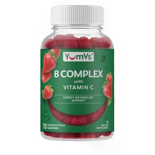 B-Complex with Vitamin C Gummies by YumVs | Daily Dietary Supplement for Adults and Kids | B6, B12, Vitamin C, Folic Acid, Niacin, and Biotin | Natural Strawberry Flavor Chewables, 70-Count | Kosher