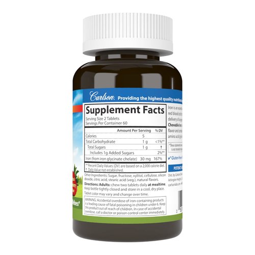 Carlson - Chewable Iron, 30 mg, Superior Absorption, Blood Health, Energy Production & Optimal Wellness, Chewable Iron Supplement for Women & Men, Natural Strawberry Flavor, 120 Tablets