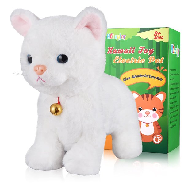 HCdoujoy White Plush Robot Cat Stuffed Animal Interactive Cat Robot Toy, Robotic Cat Barking Meow Kitten Touch Control, Animated Kitty Cat Pet, Robot Kitty Toy for Baby Birthday H:12"
