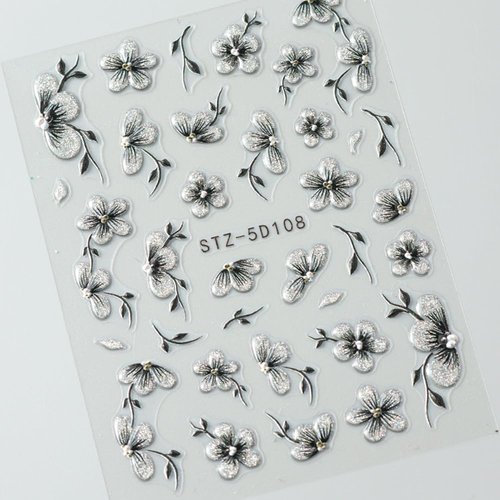 5D Flower Nail Stickers Embossed Flower Stickers for Nails Floral Nail Decals with Glitter Design Summer Cherry Blossom Nail Art Stickers Adhesive Black Flowers Gel Nail Stickers for Women Girls