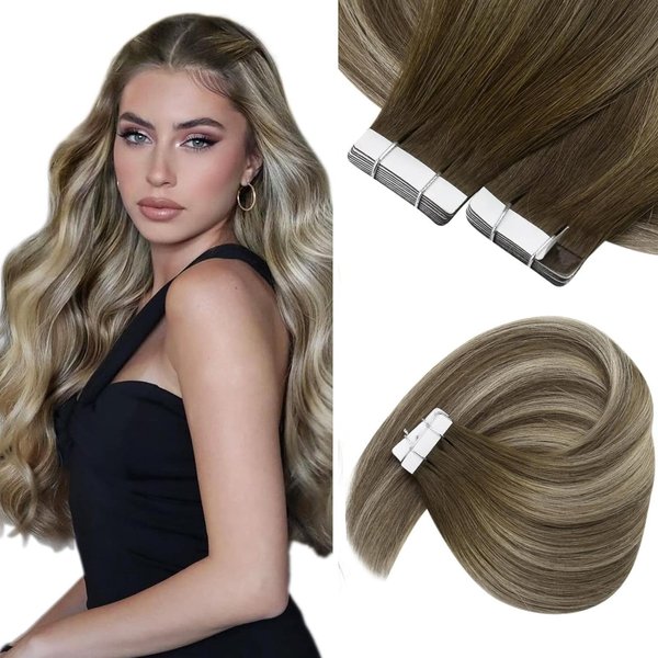Sunny Hair Tape in Extensions Straight Skin Weft Tape in Hair Extensions Invisible Tape in Hair Extensions Human Hair 20Pcs Hair Extensions Real Human Hair Cool Brown to Light Brown and Blonde 24inch