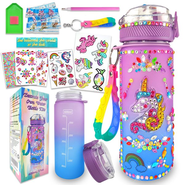 EDsportshouse Decorate Your Own Water Bottle Kits for Girls Age 4-6-8-10,Unicorn Gem Painting Crafts,Fun Arts and Crafts Gifts Toys for Girls Birthday Christmas(Unicorn)