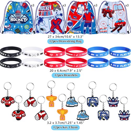 LSJDEER 36 PCS Hockey Party Favors Set Include 12 Hockey Drawstring Bag, 12 Hockey Silicone Bracelet, 12 Hockey Motivational Keychain for Ice Hockey Sports Party Birthday Gift Supplies