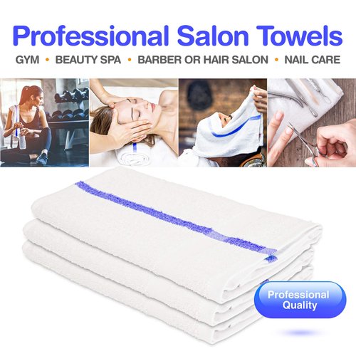 60 Premium Salon Towels – 100% Cotton 16 x 27 Inches – Absorbent Hand Towels for Gym, Beauty Spa, Barber or Hair and Nail Care – Bulk Wholesale Package for Hotels – Durable and Soft - Blue Stripe