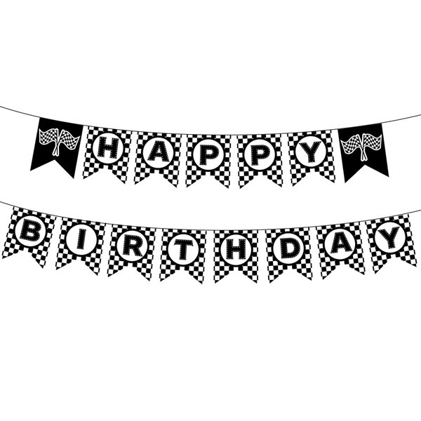 Race Car Happy Birthday Party Banner, Black and White Checkered Flag Birthday Garland, Kids Racing Themed Birthday Decorations, Fun Wall Hanging Letter Bunting for Children's Party Supplies