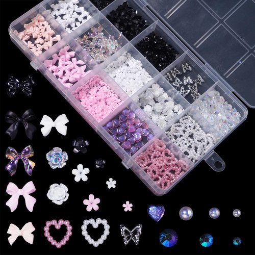 3D Assorted Pink White Black Bows Acrylic Nail Charms, Mix Rose Flower Bowknots Nail Charms Planet Star Butterfly Alloy Nail Gems Charms Round Pearls for Nail Art DIY Accessories