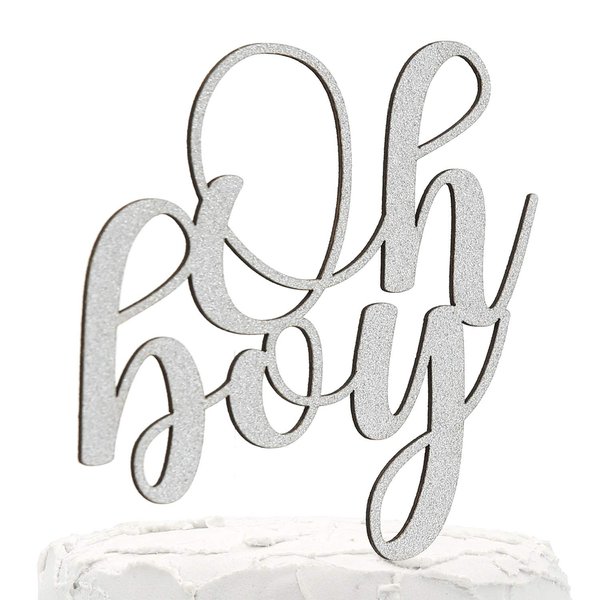 NANASUKO Baby Shower Cake Topper - Oh boy - Double Sided Silver Glitter - Premium Quality Made in USA
