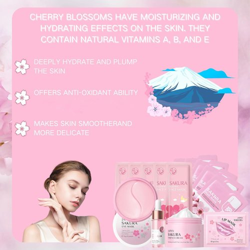 Sakura Skin Care Set, Women Gift Sets, Skin Care Kit with Face Cream, Face Serum, Eye Mask, Lip Mask, 5Pcs Face Sleeping Mask & 5Pcs Face Mud Mask, Skin Care Routine Kit for Women