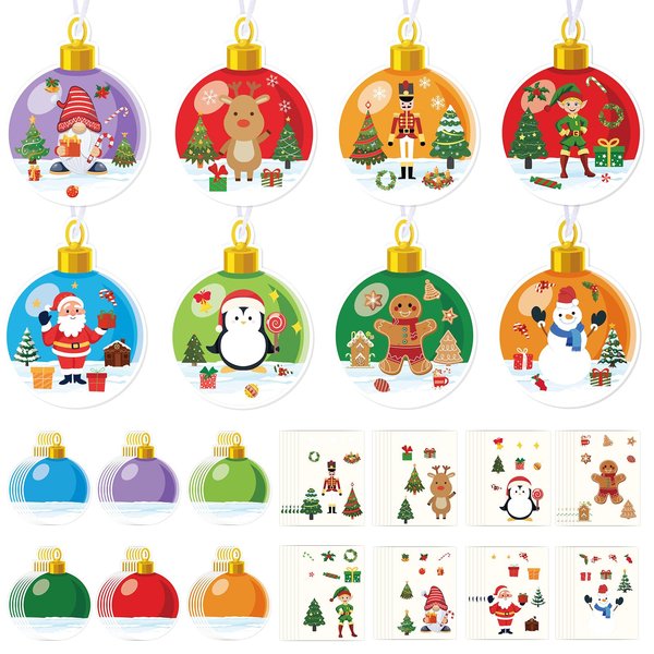 48 Pcs Christmas Crafts Kits for Kids DIY Xmas Ball Craft Bulk Winter Christmas Tree Hanging Ornament with Santa Claus Gingerbread Man Snowman Sticker for Xmas Holiday Party Decorations, 8 Styles ﻿