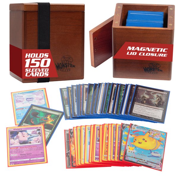 Monster Wooden Deck Box w Strong Magnetic Lid & Security Band- Premium Holds 150 Sleeved Cards- Compatible w Yugioh Commander Magic the Gathering MTG Sports Card, All Trading Card TCG Games, Xmas Gift