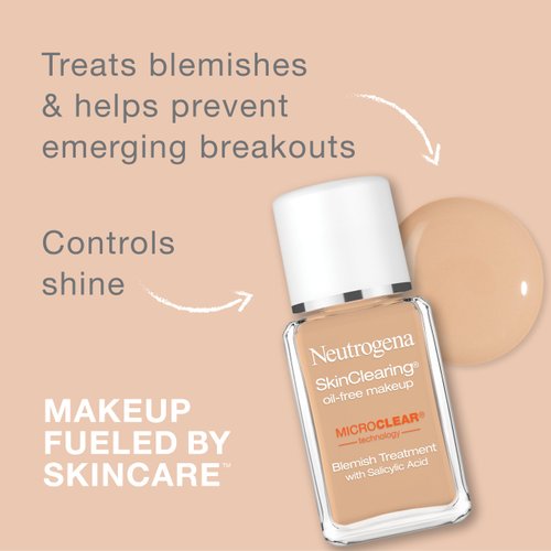 Neutrogena SkinClearing Oil-Free Acne and Blemish Fighting Liquid Foundation with Salicylic Acid Acne Medicine, Shine Controlling, for Acne Prone Skin, 10 Classic Ivory, 1 fl. oz