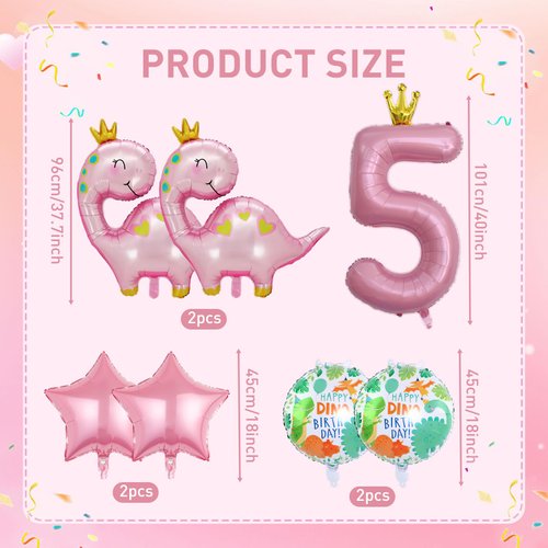 7pcs Pink Crown Dinosaur Balloons, Girl Dinosaur Birthday Number Mylar Foil Balloon Pink Dinosaur 5th Birthday Party Supplies Decorations (5th)