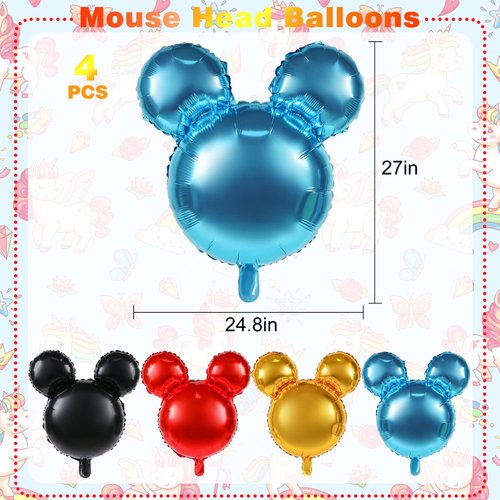 MIKIMIQI 4 Pcs Mouse Head Foil Balloons, 24'' Mouse Mylar Balloon for Birthday Party Decorations Jumbo Mouse Head Aluminum Foil Balloons Party Favors Supplies (Black Red Blue Gold)