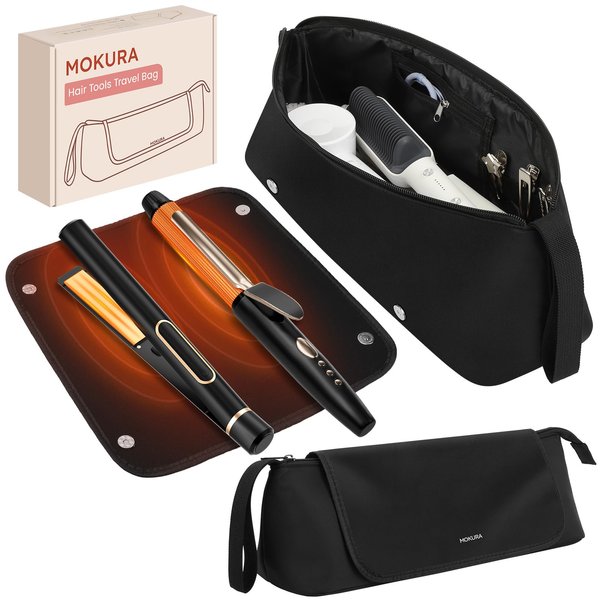 MOKURA Hot Hair Tools Travel Bag with Heat Resistant Mat Removable Hair Styling Accessories Organizer Case Women Essentials Storage Pouch for Curling Iron Straightener Flat Iron Hair Dryer Gift Black