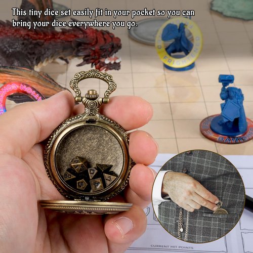 DND 6mm Micro Polyhedral Dice Set with Pocket Watch Shell Case Perfect for Dungeons and Dragons, Tabletop RPG and Cards Board Games (Bronze)