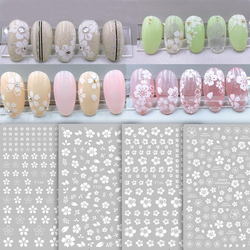 8 Sheets Flower Nail Art Stickers White Flower Nail Decals 3D Self Adhesive White Cherry Blossoms Nail Art Design Floral Nail Art Supplies for Acrylic Nail Women Girls Manicure DIY Decoration