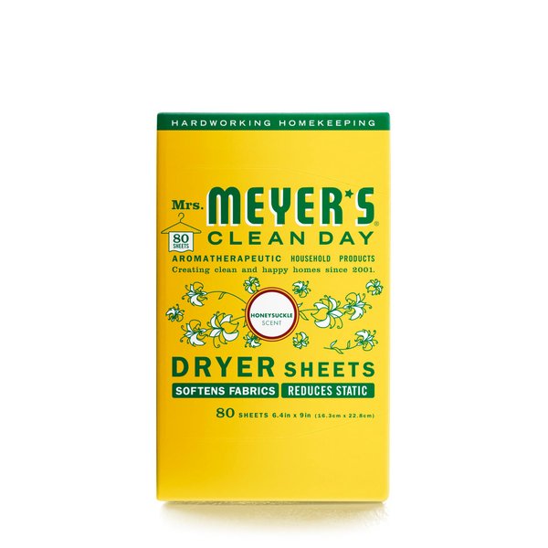 Mrs. Meyer's Dryer Sheets, Fabric Softener, Reduces Static, Infused with Essential Oils, Honeysuckle, 80 Count