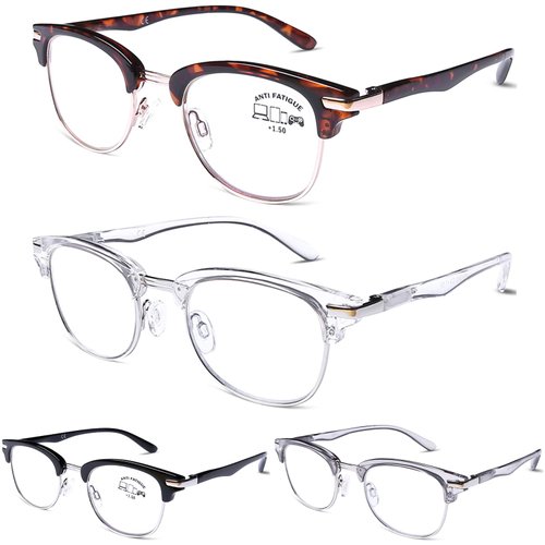 DOOViC 4 Pack Blue Light Blocking Reading Glasses Anti Eyestrain Fashion & Classic Style Spring Hinge Computer Readers for Women Men 1.75 Strength