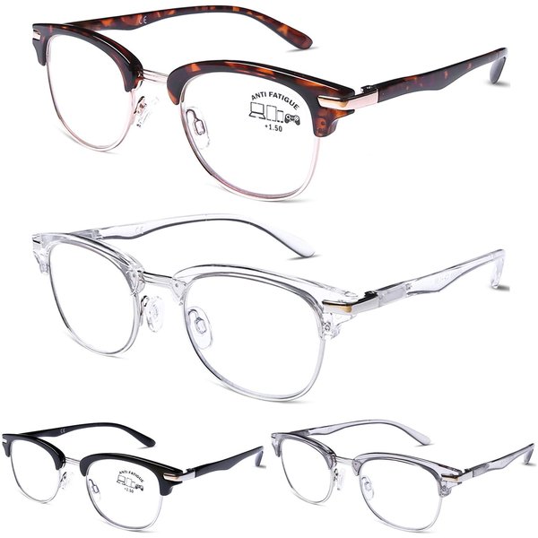 DOOViC 4 Pack Blue Light Blocking Reading Glasses Anti Eyestrain Fashion & Classic Style Spring Hinge Computer Readers for Women Men 1.75 Strength