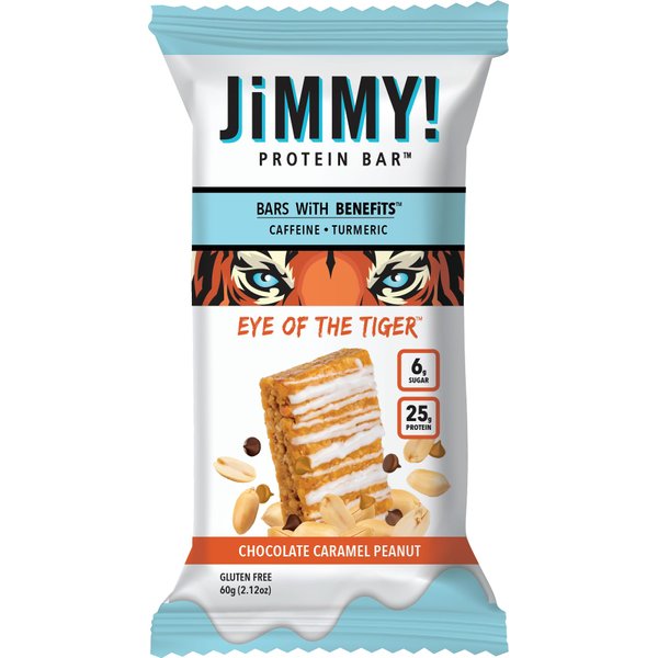 JiMMY'S! Functional Protein Bar - Caramel Chocolate Nut - Eye of the Tiger - 12 Count - High Performance Protein Bar with Caffeine and Turmeric - Low Sugar, 25g of Protein