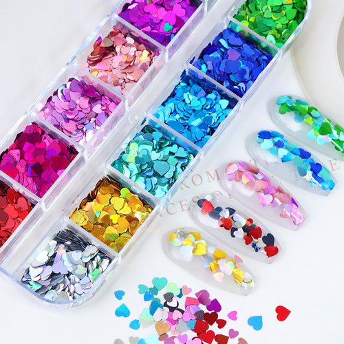 Heart Nail Art Glitter Sequins 3D Holographic Valentine's Day Nail Art Sticker Decals Laser Love Heart Confetti Glitter Flakes for Women Girls Acrylic Manicure Make Up DIY Valentines Nail Decoration