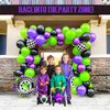 Truck Theme Purple and Green Black Balloon Garland Arch Kit with Big Wheels checkered star mylar foil balloons For Kids 2th 3th 4th Boy Birthday Truck Race Car Party Decorations