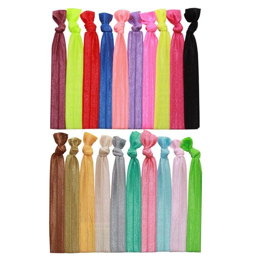 Syleia Pack of 20 Bright and Pastel Hair Ties Ponytail Holders Elastic Ribbon Band Crease Free Hand Knotted Fold Over Ouchless Strong Hold