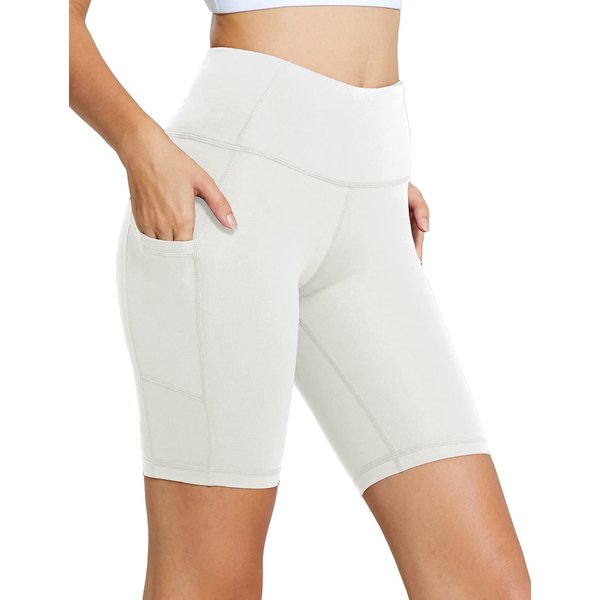 BALEAF Biker Shorts Women Yoga Gym Workout Spandex Running Volleyball Tummy Control Compression Shorts with Pockets 8" White L