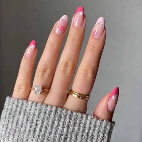 24pcs Press on Nails Almond False Nails Full Cover with Pink White Flower Designs Acrylic Nails Long Pink French Tip Sticks on Nails for Women Girls Summer Nails Supplies Decorations