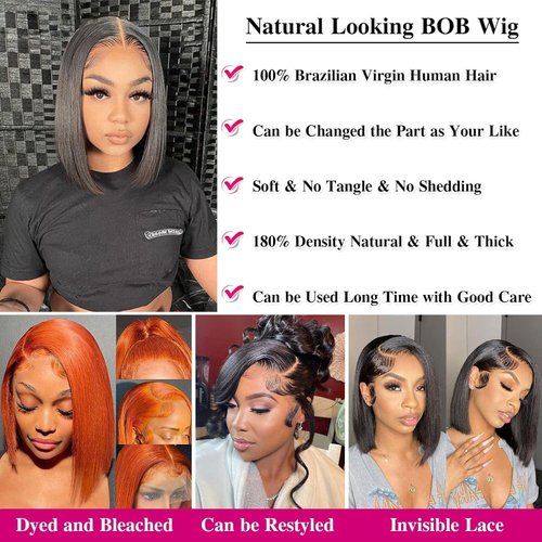 Bob Wig Human Hair 14inch HD Lace Front Wigs for Black Women Human Hair Glueless Short Human Hair Wigs for Black Women Pre Plucked Short Straight Bob Wig 180% Density (bob wig human hair, 14 Inch)